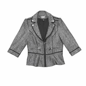 White Black Tweed Moto Jacket Gray Black Zip Front Size 10